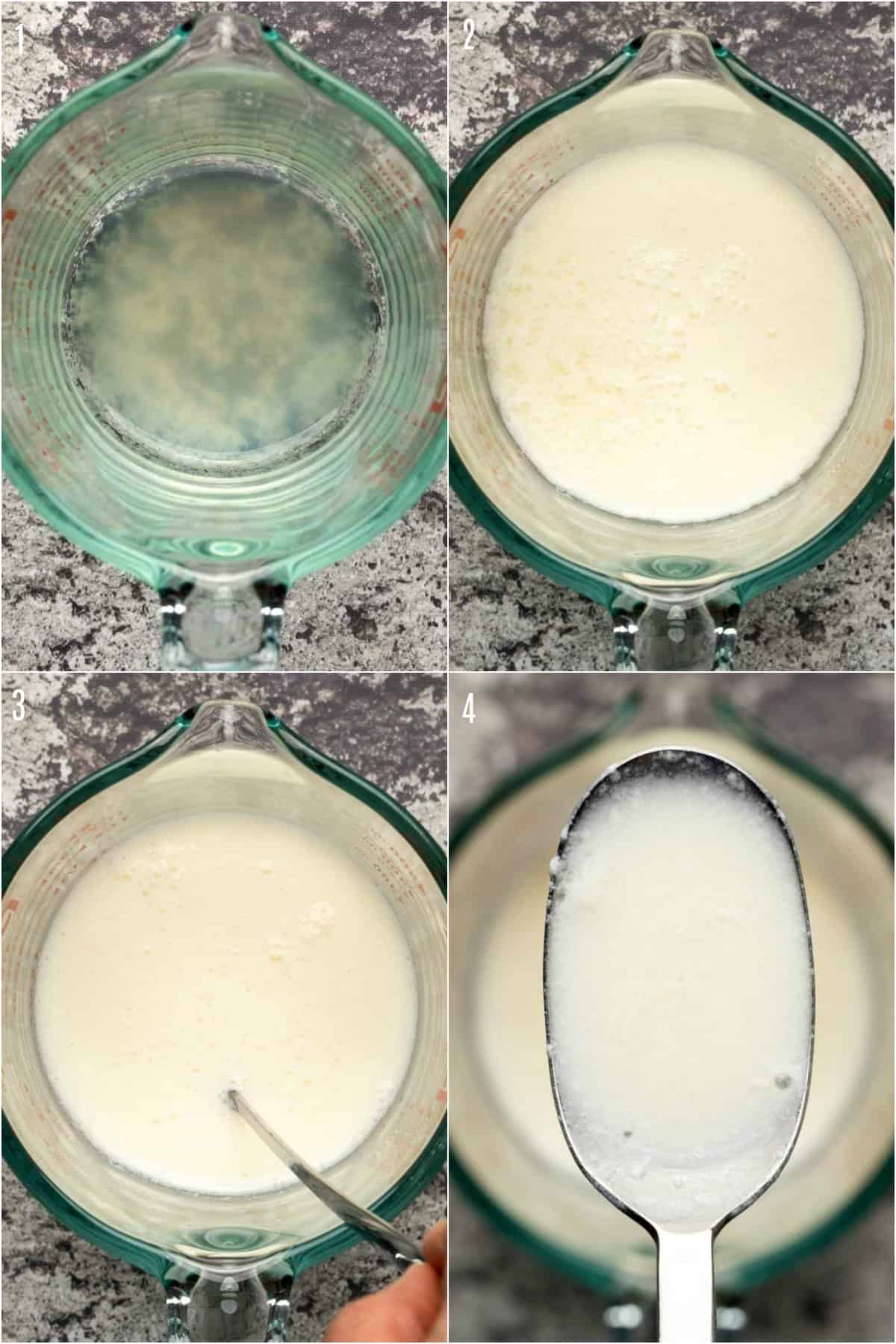 Step by step process photo collage of how to make homemade buttermilk. 