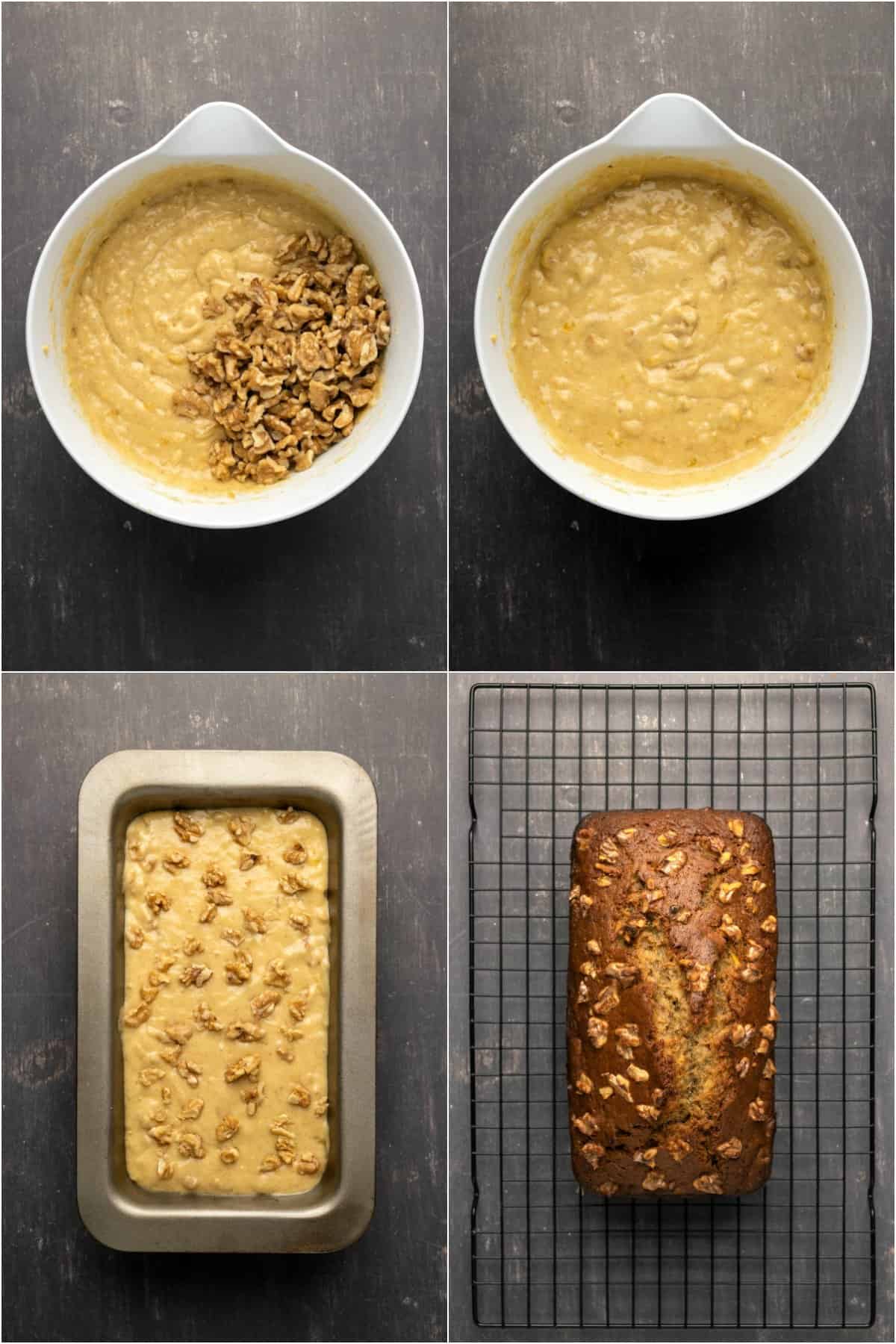 Step by step process photo collage of making banana bread. 
