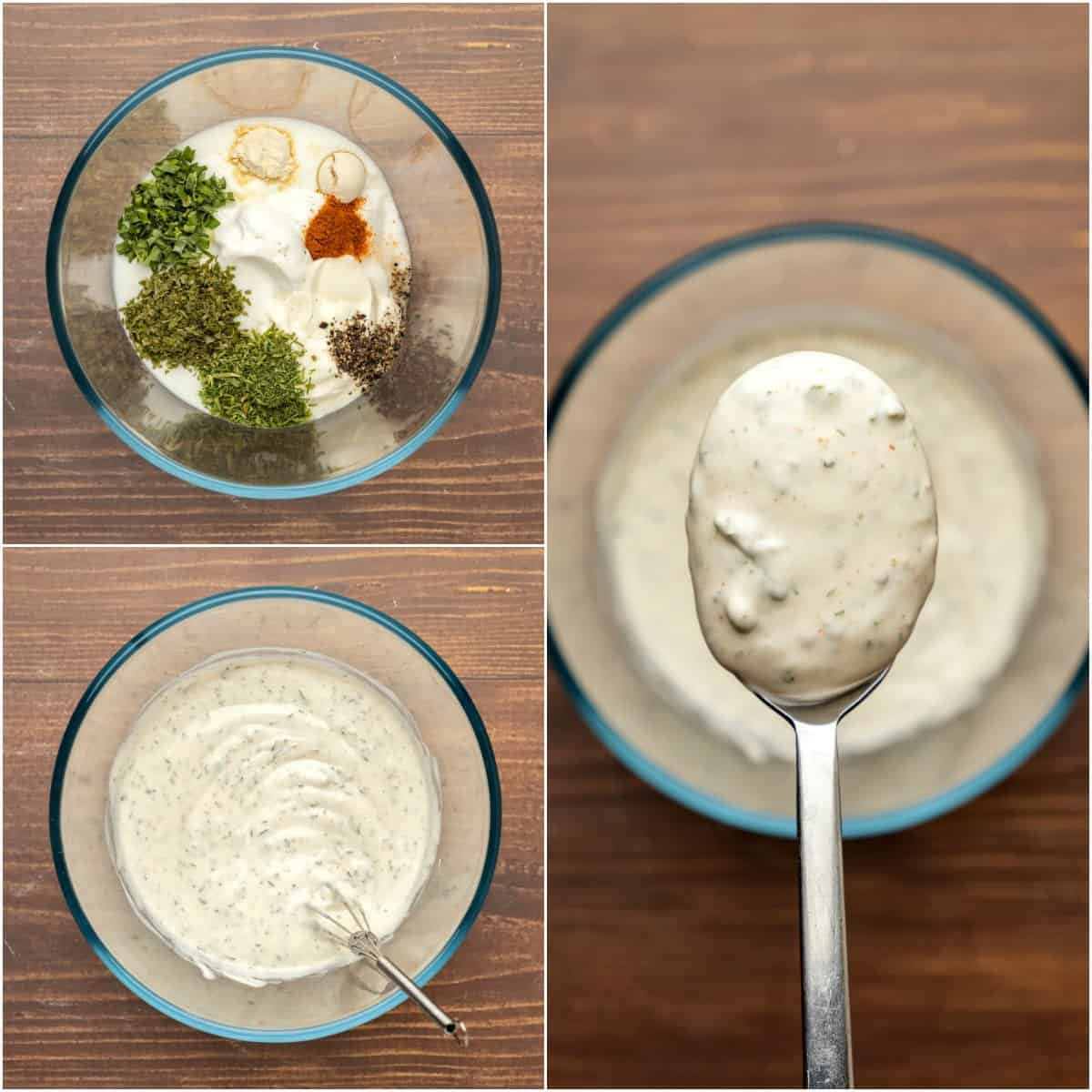 Step by step process photo collage of making ranch dressing.