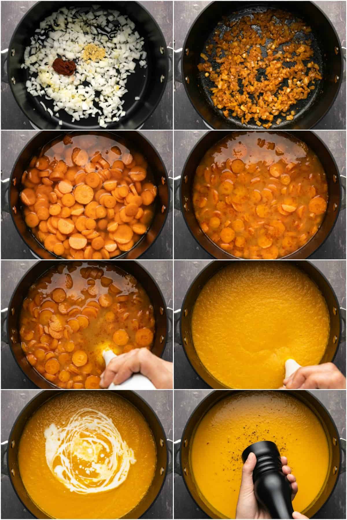 Step by step process photo collage of making carrot soup.