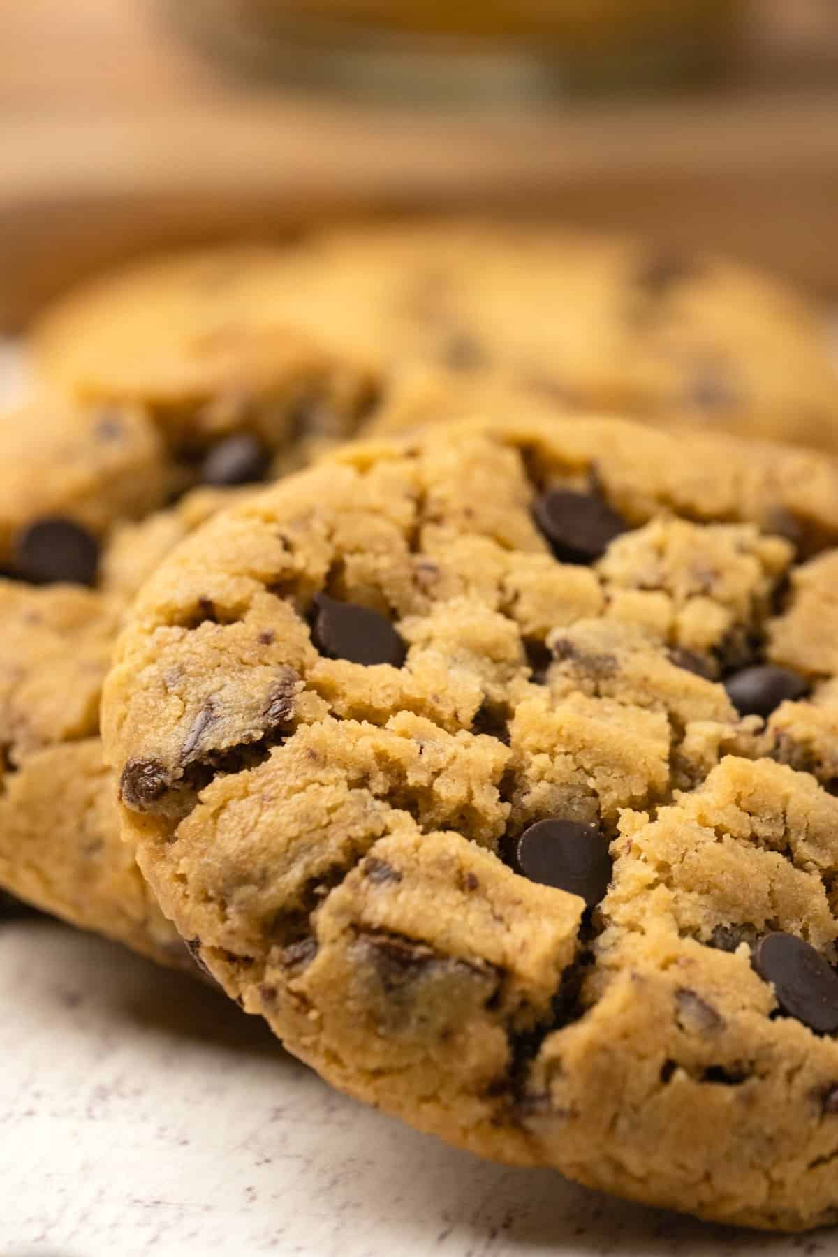 A row of peanut butter chocolate chip cookies. 