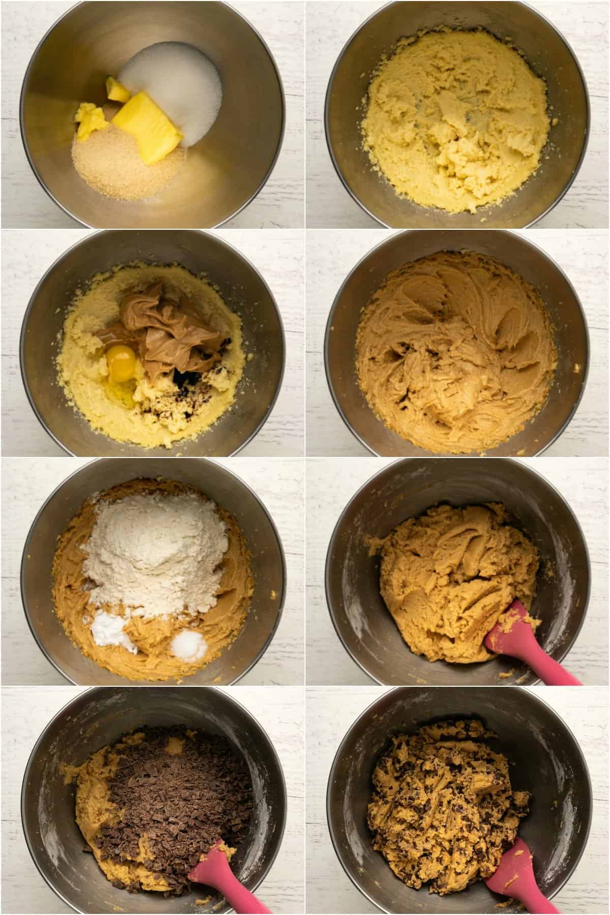 Step by step process photo collage of making peanut butter chocolate chip cookies.