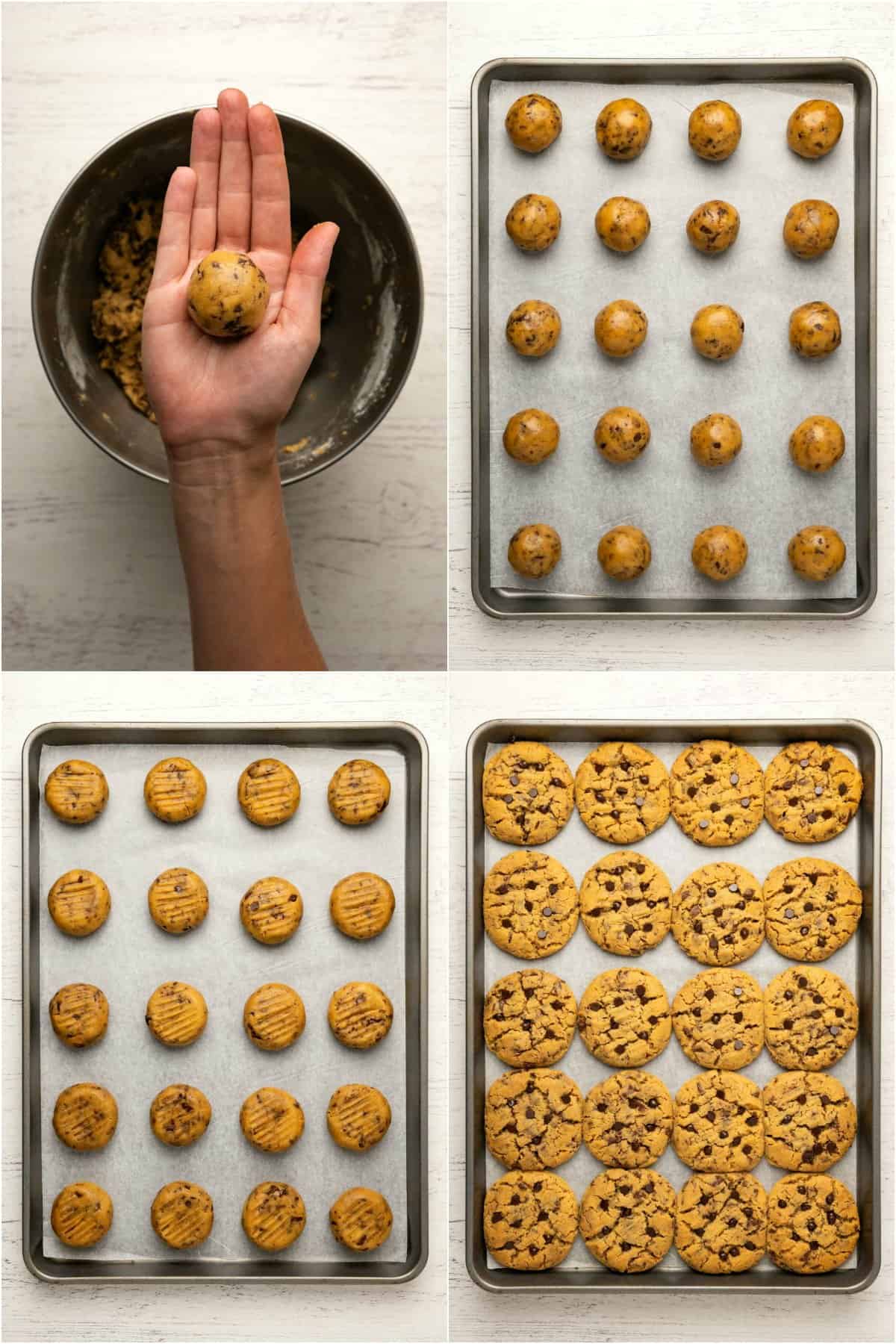 Step by step process photo collage of making peanut butter chocolate chip cookies.