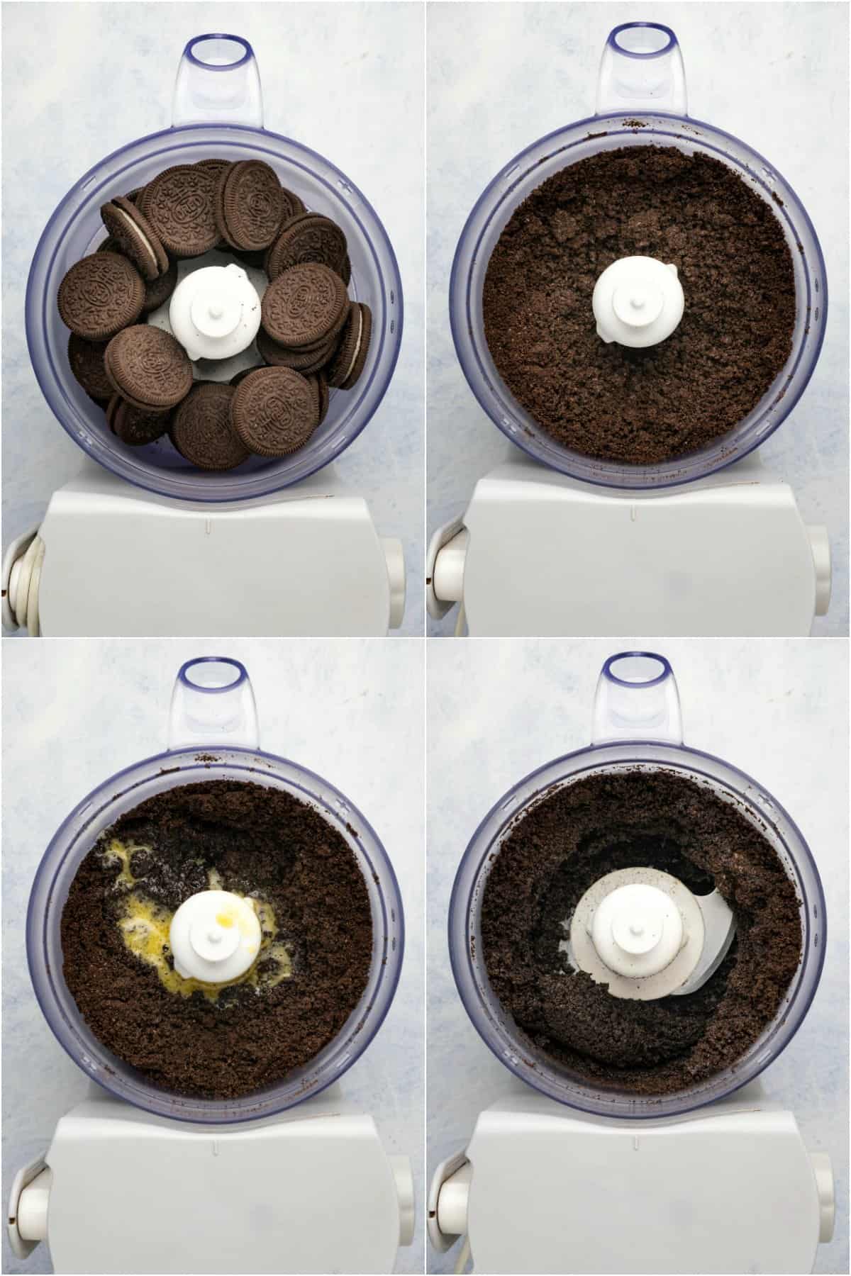 Step by step process photo collage of making an oreo cookie crust. 