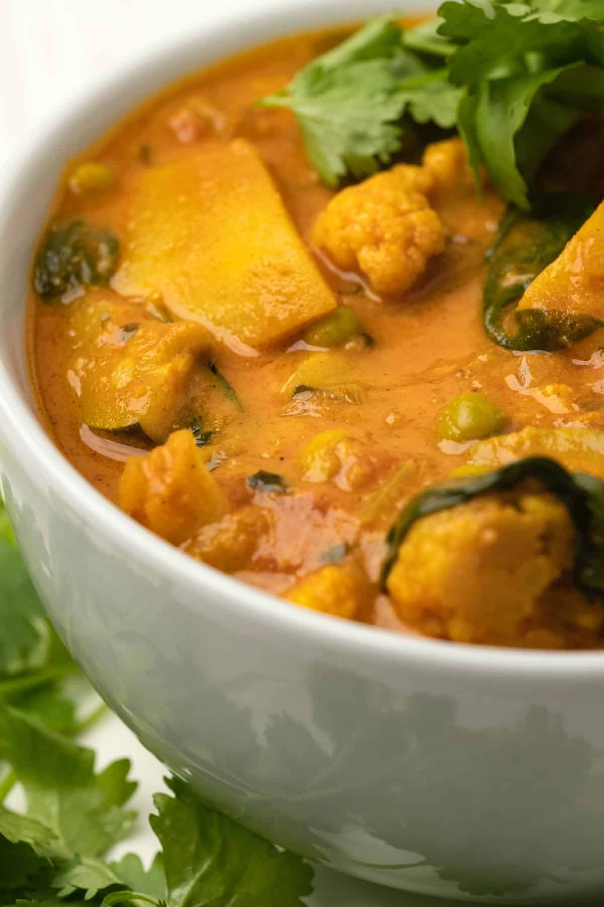 Veggie curry in a white bowl. 