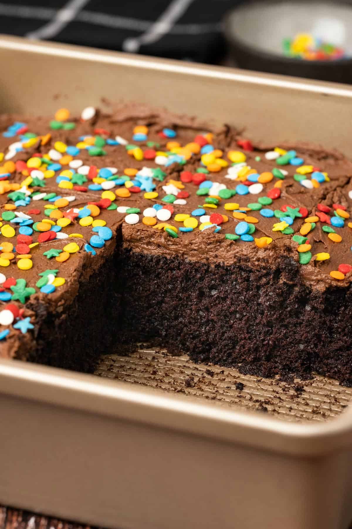 Chocolate cake in a square dish with some slices removed. 