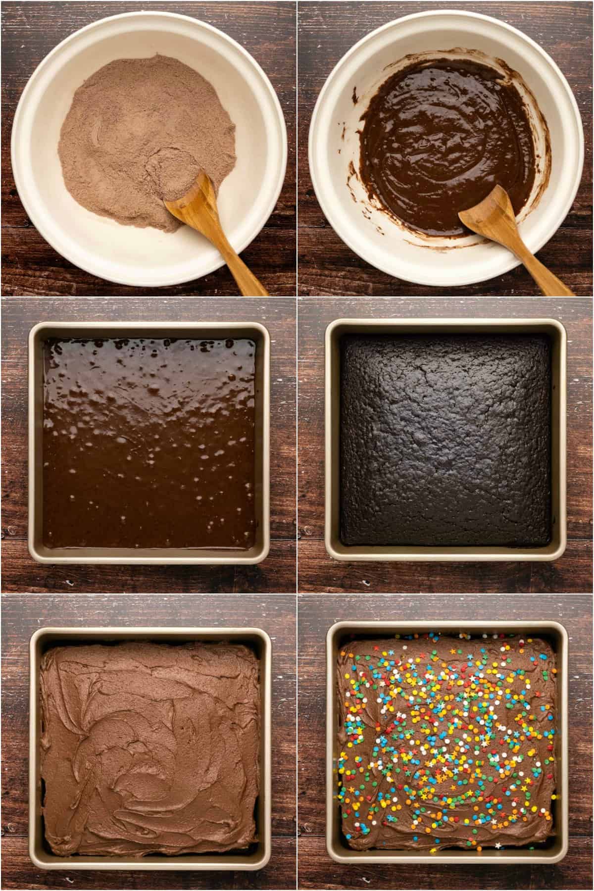 Step by step process photo collage of making crazy cake. 