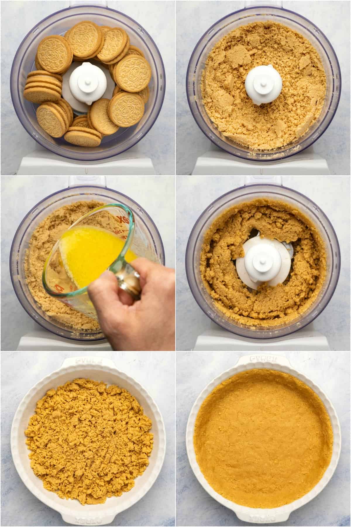 Step by step process photo collage of making a golden oreo pie crust. 