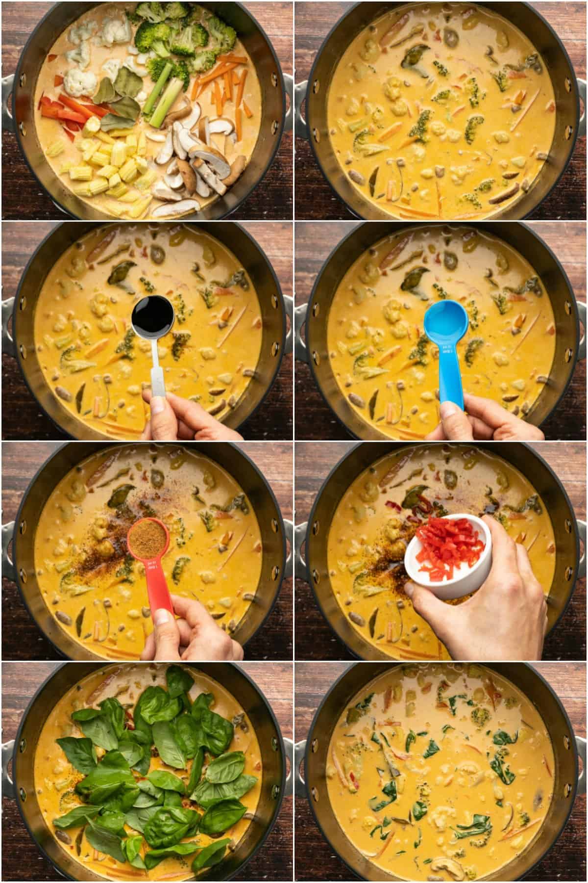 Step by step process photo collage of making a Thai red curry. 