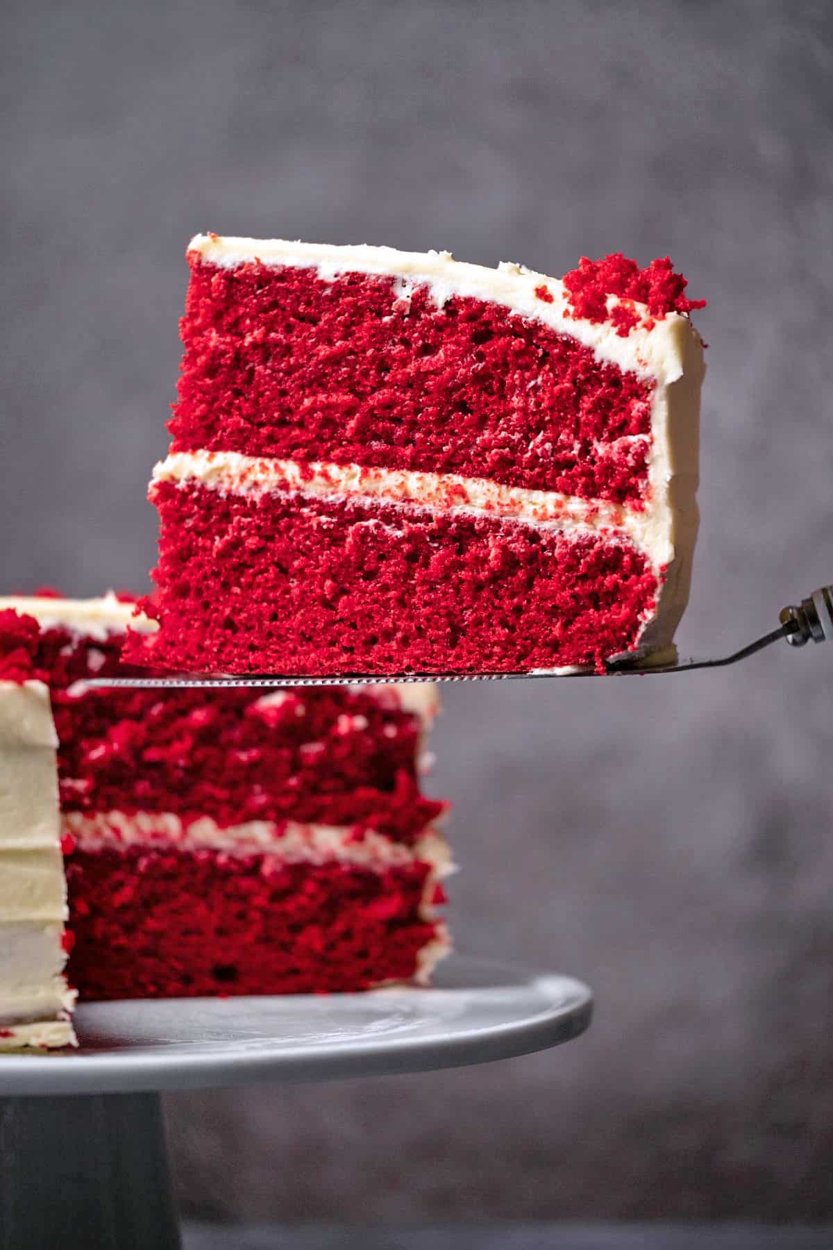 Slice of red velvet cake on a cake lifter. 