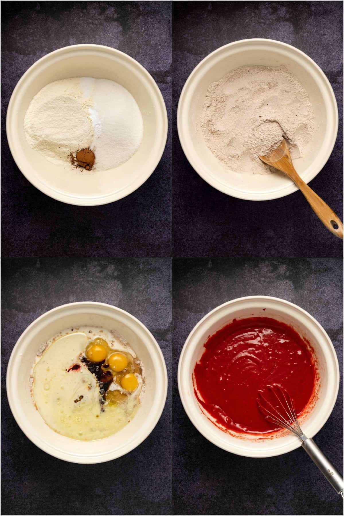 Step by step process photo collage of making the batter for red velvet cake. 