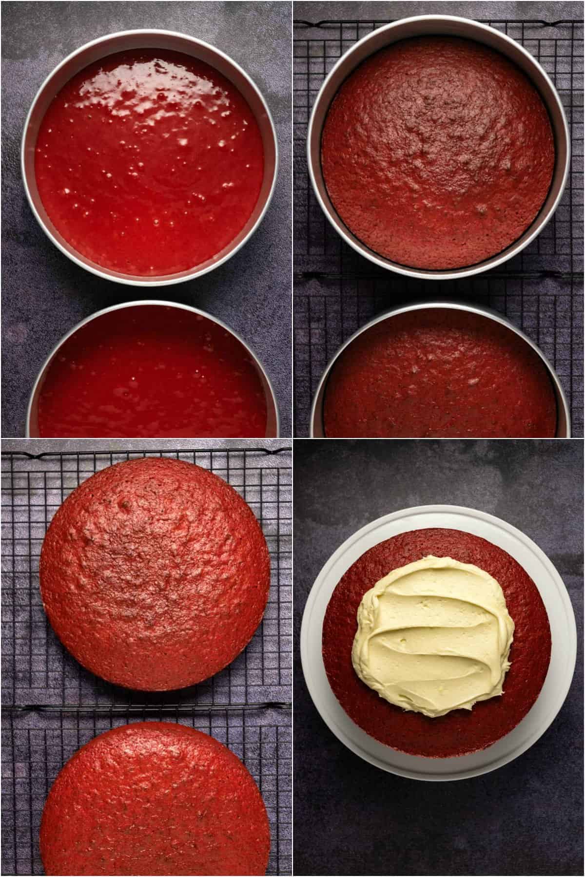 Step by step process photo collage of making red velvet cake.