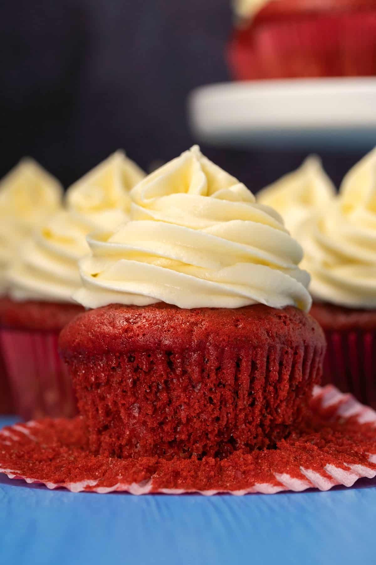 Red velvet cupcake with the liner removed. 