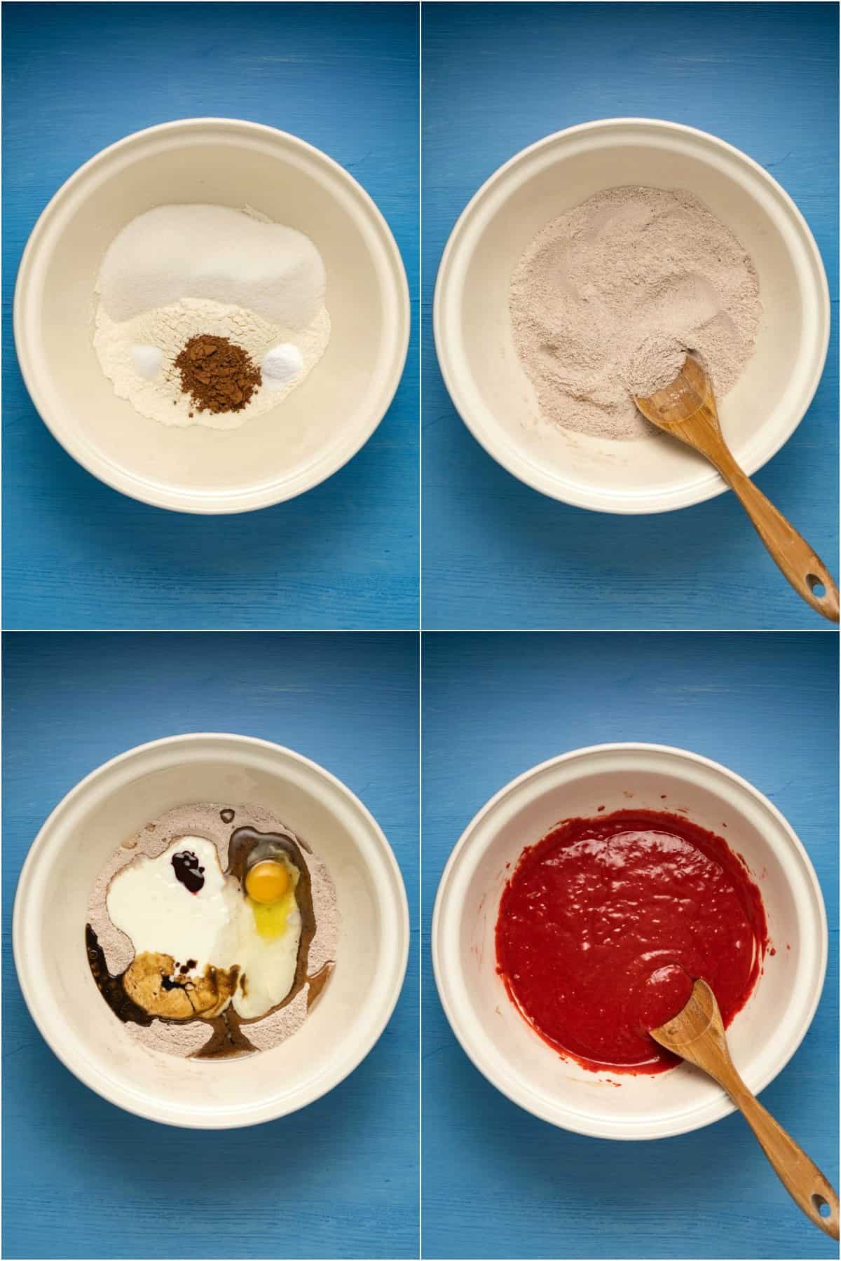 Step by step process photos of making the batter for red velvet cupcakes.