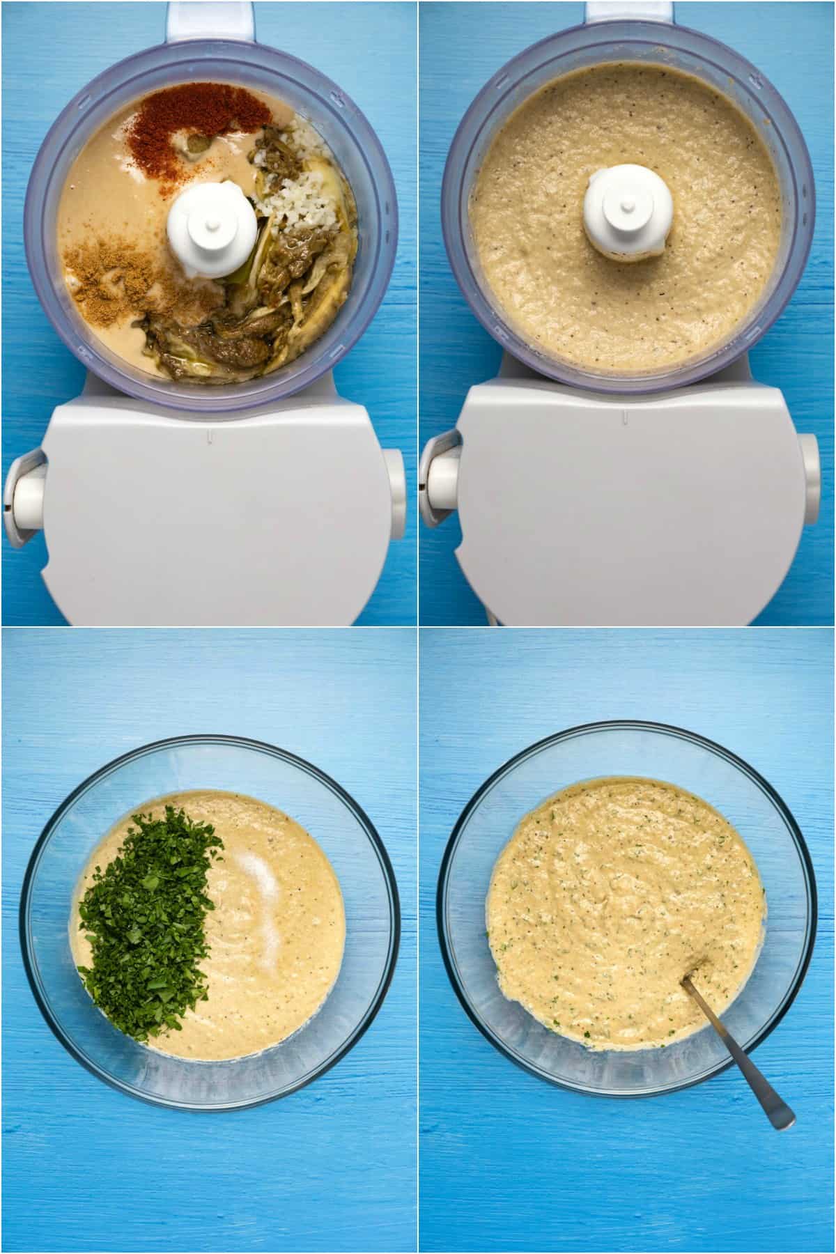 Step by step process photo collage of making baba ganoush.