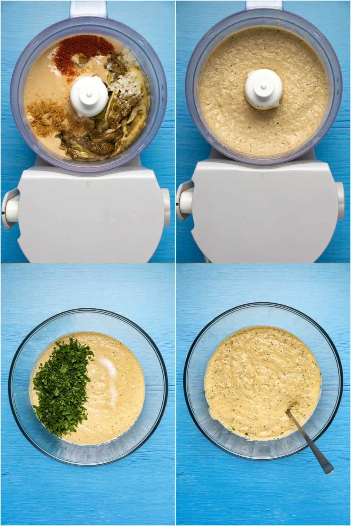 Step by step process photo collage of making baba ganoush. 