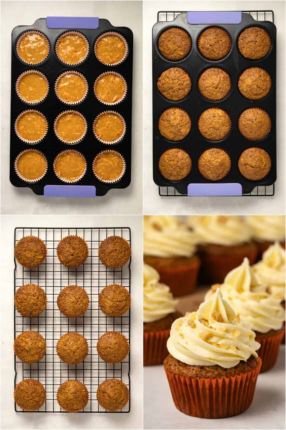 Step by step process photo collage of making carrot cake cupcakes.