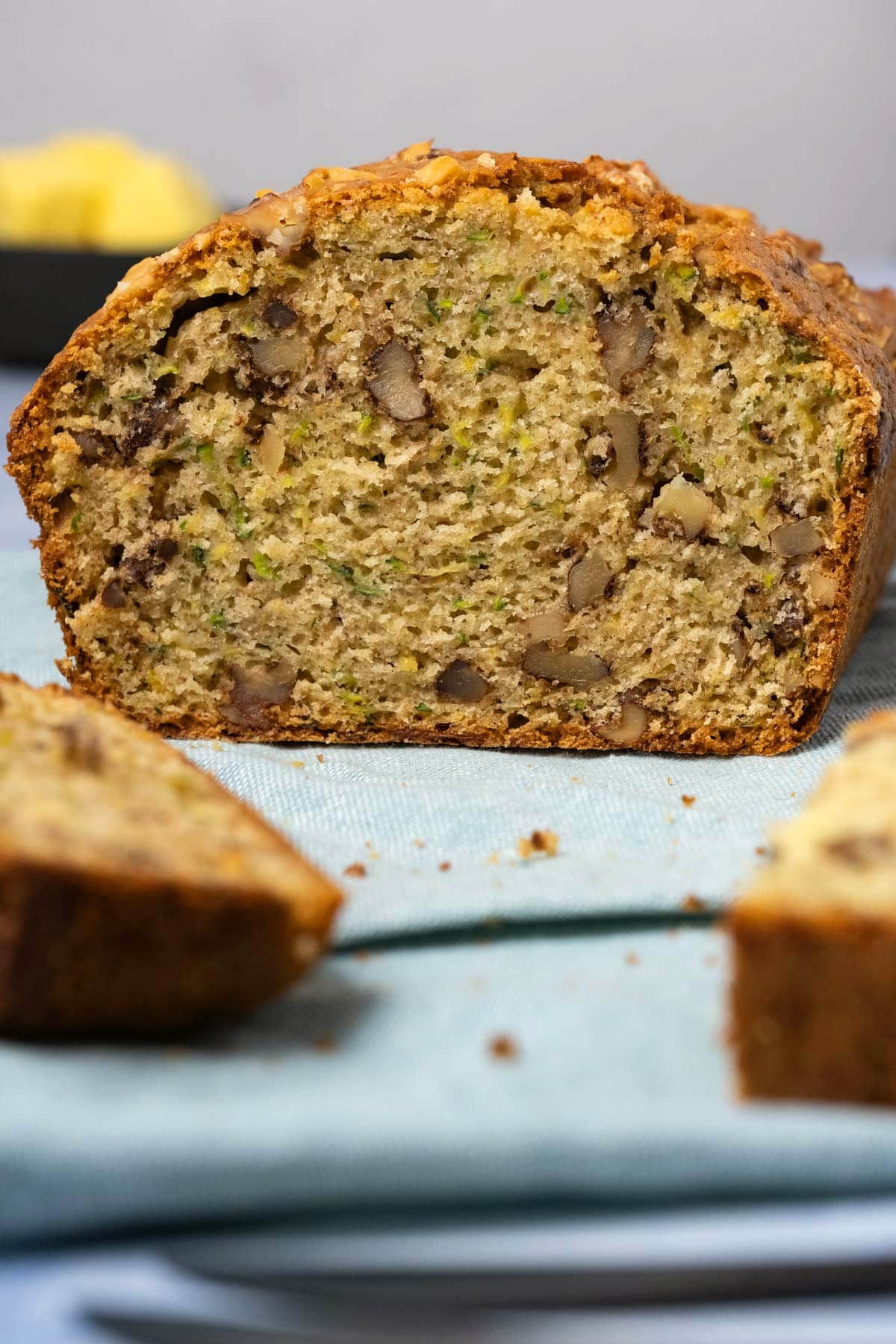 Sliced loaf of zucchini bread. 