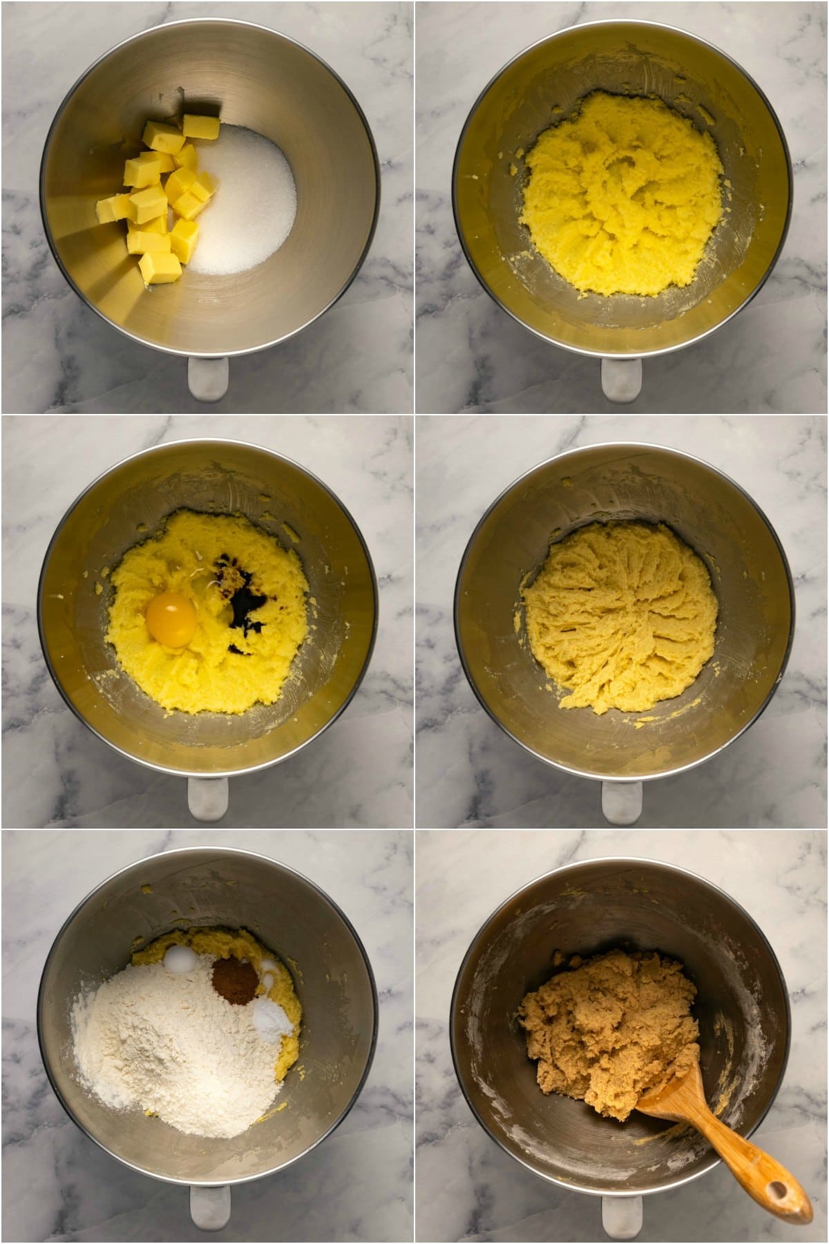 Step by step process photo collage of making cookie dough for snickerdoodles.