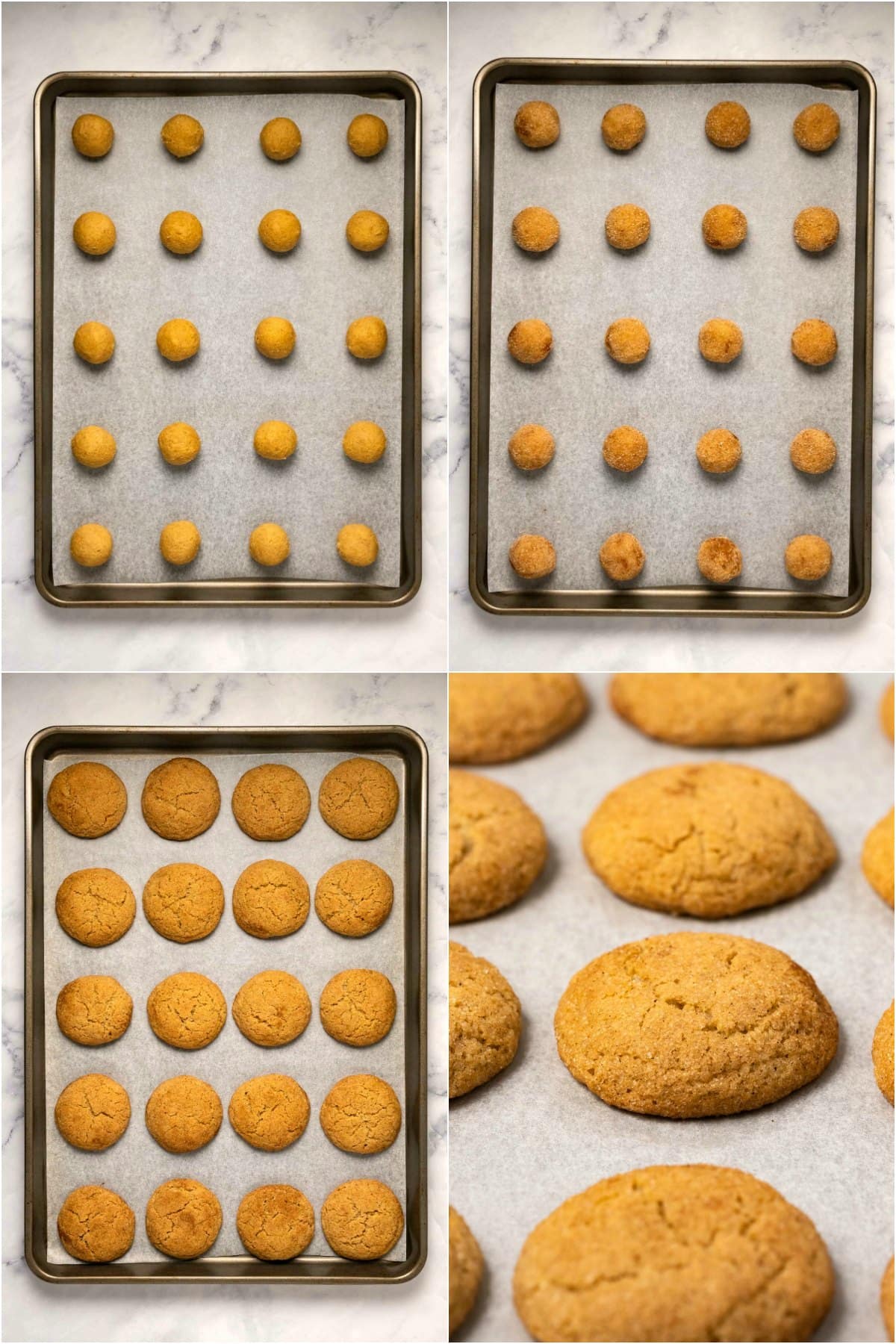 Step by step process photo collage of making snickerdoodles.