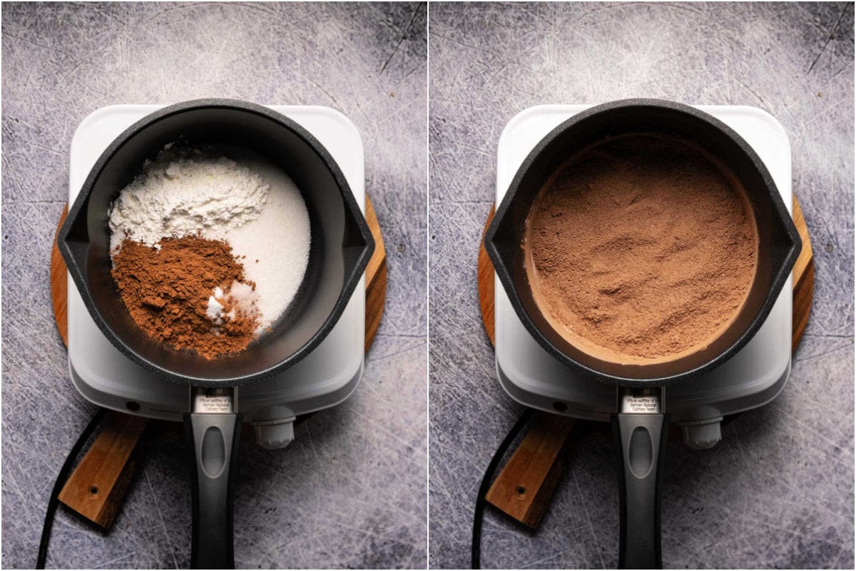 Collage of two photos showing mixing dry ingredients for chocolate pudding.