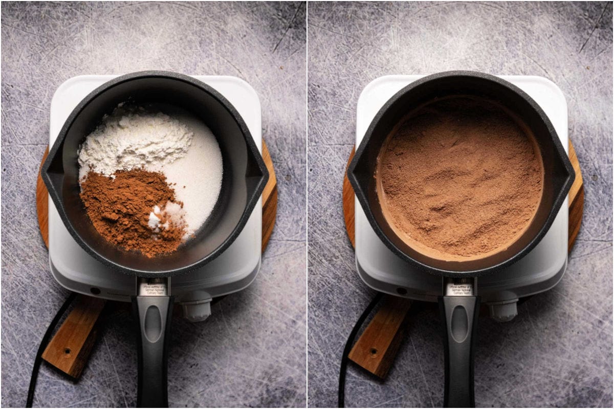 Collage of two photos showing mixing dry ingredients for chocolate pudding. 