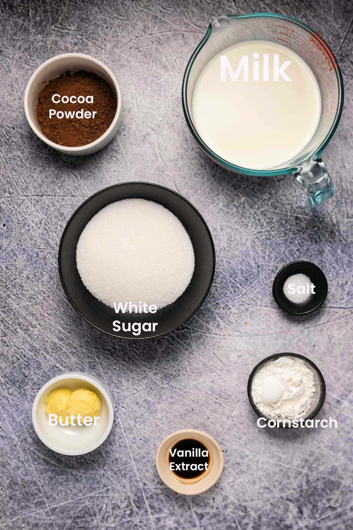 Ingredients to make chocolate pudding.