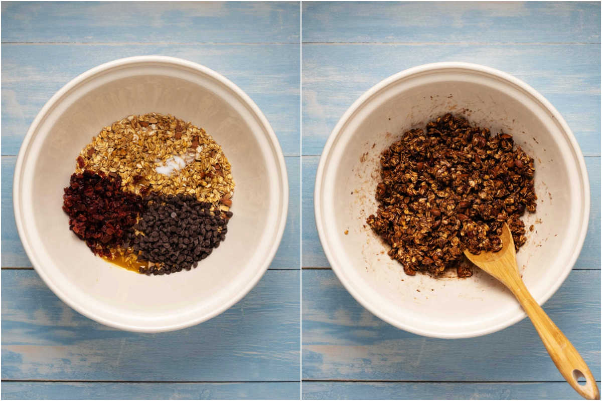 Two photo collage showing the step by step process of mixing the ingredients for granola bars. 