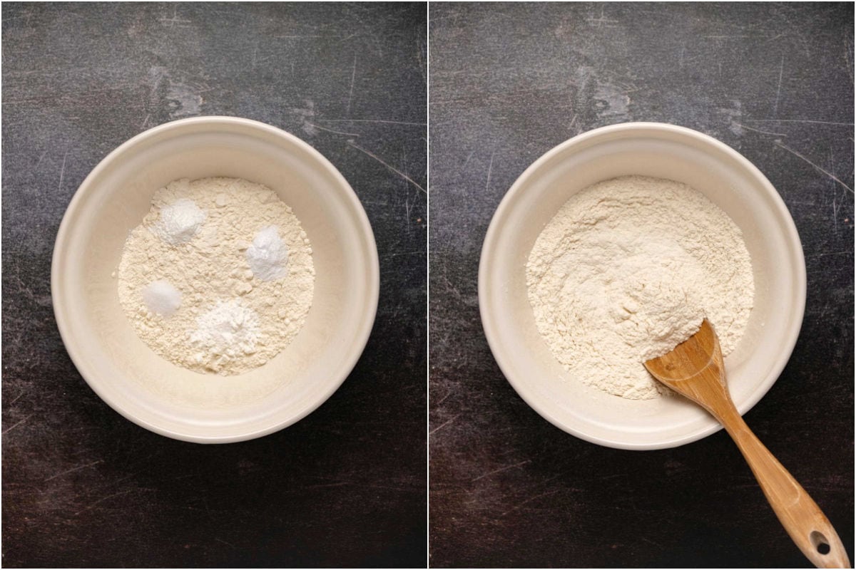 Two photo collage showing dry ingredients added to a bowl and mixed. 