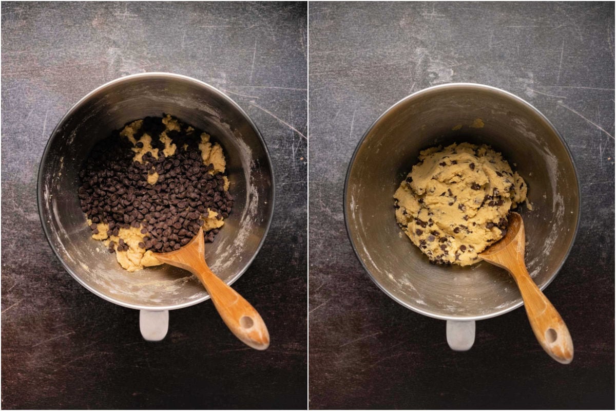 Collage of two photos showing chocolate chips added to cookie dough and mixed in. 