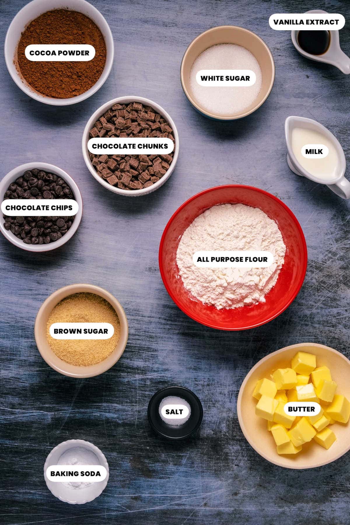 Photo of the ingredients needed to make eggless chocolate cookies.