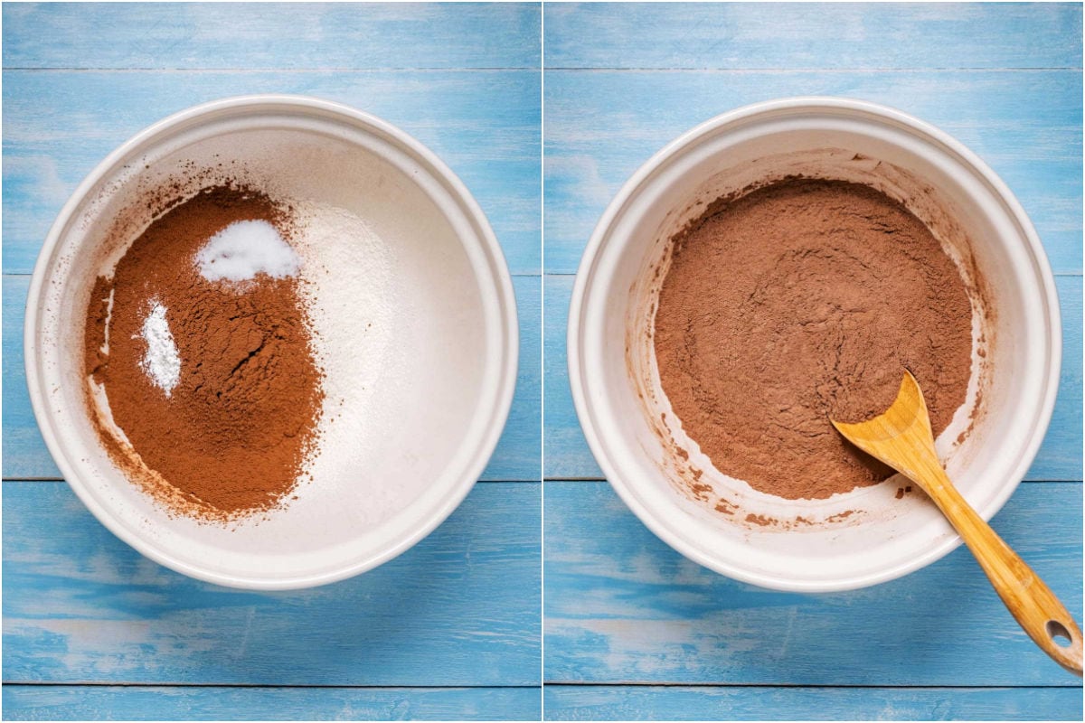 Collage of two photos showing flour, cocoa powder, baking powder and salt added to mixing bowl and mixed together.