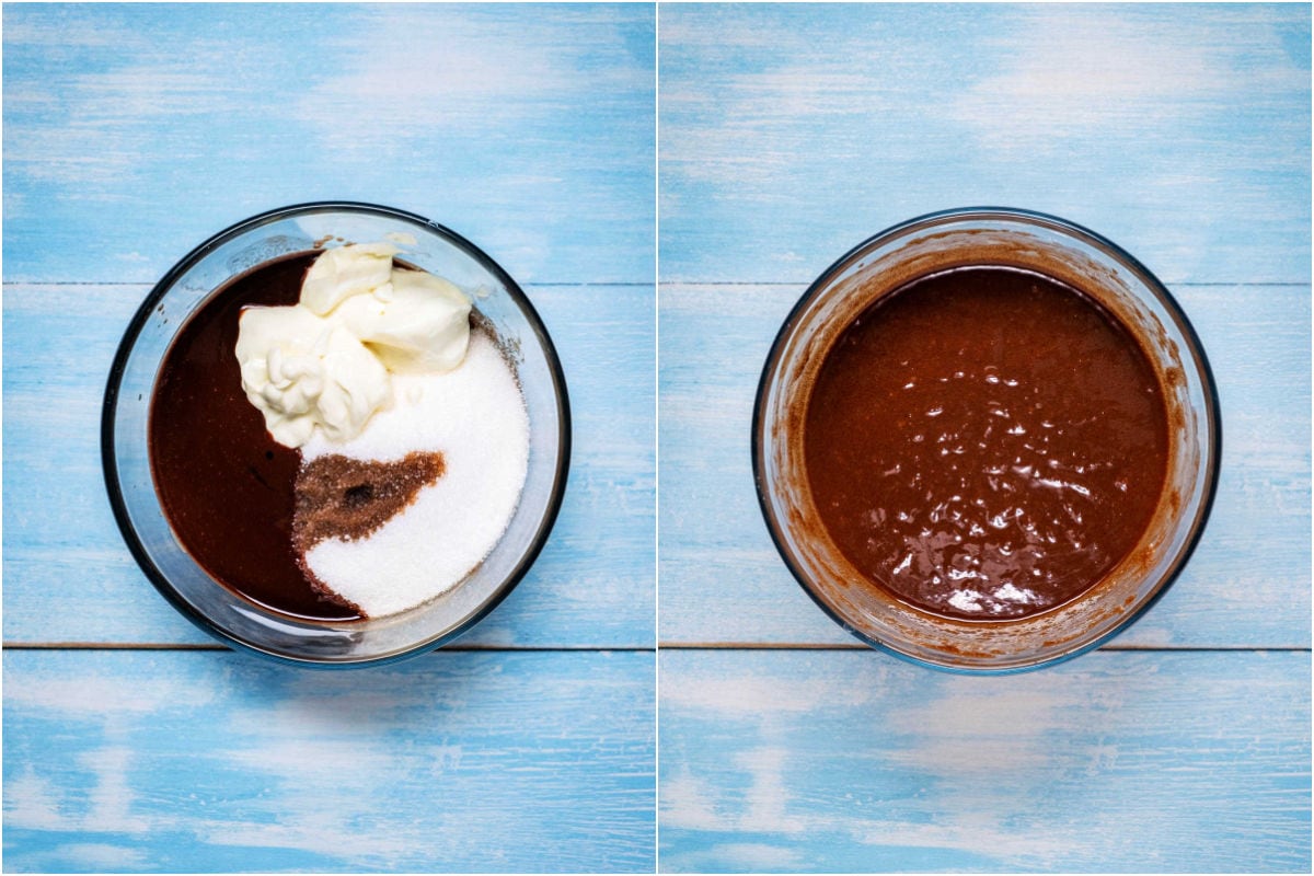 Two photo collage showing sugar, Greek yogurt and vanilla added to melted butter and chocolate and whisked in.