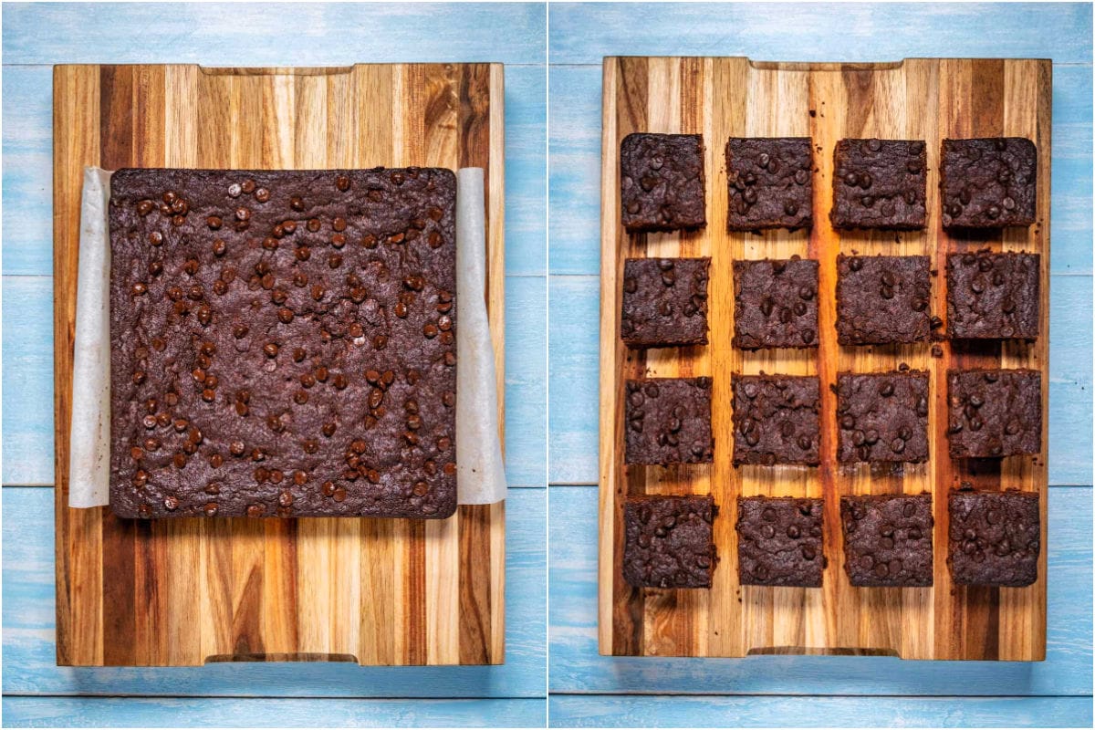 Collage of two photos showing brownies on a wooden board and then cut into squares.