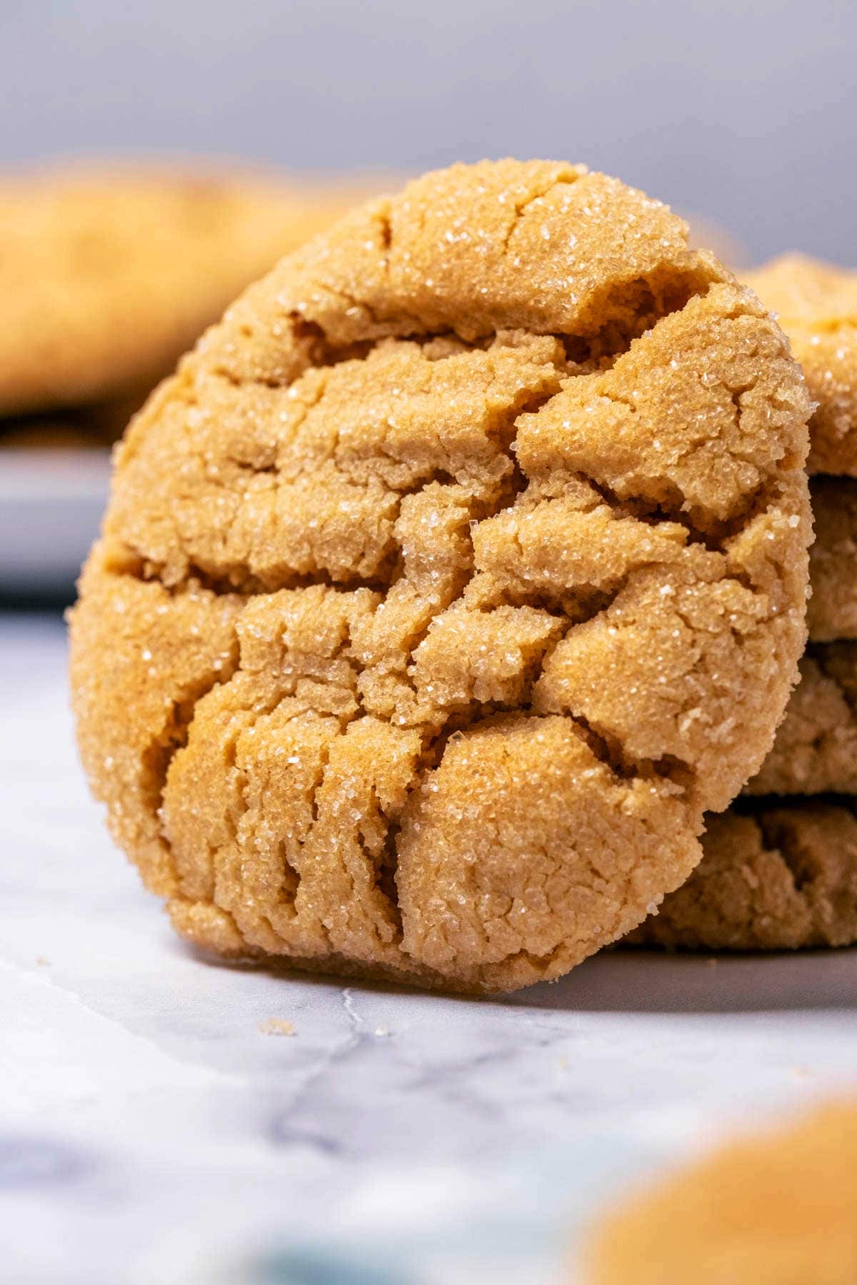 Peanut butter cookie leaning against a stack of cookies.