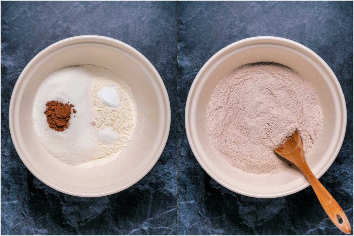 Two photo collage showing dry ingredients added to mixing bowl and mixed together with a wooden spoon.