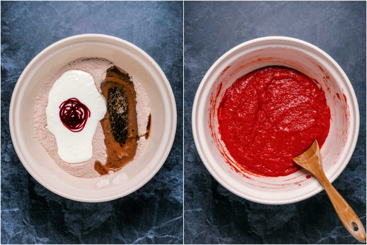 Two photo collage showing wet ingredients added to dry in mixing bowl and mixed into a cake batter.