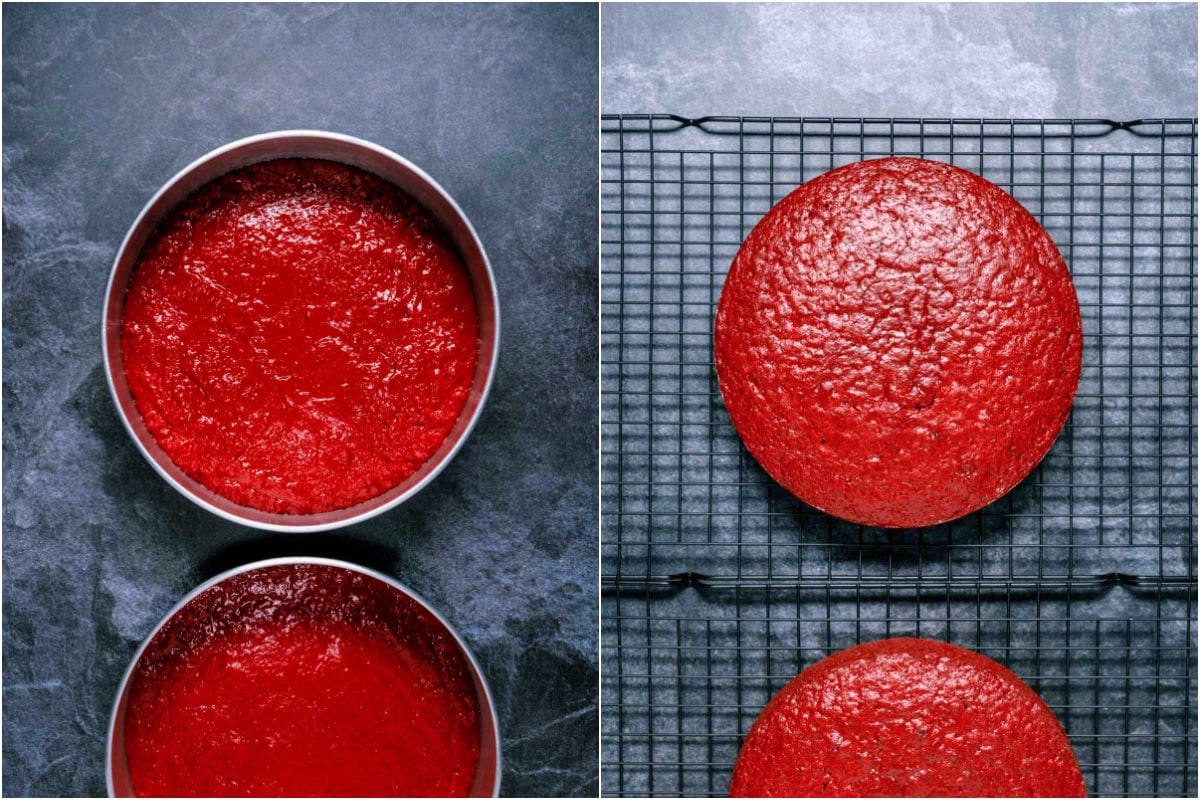 Two photo collage showing cakes before and after baking.