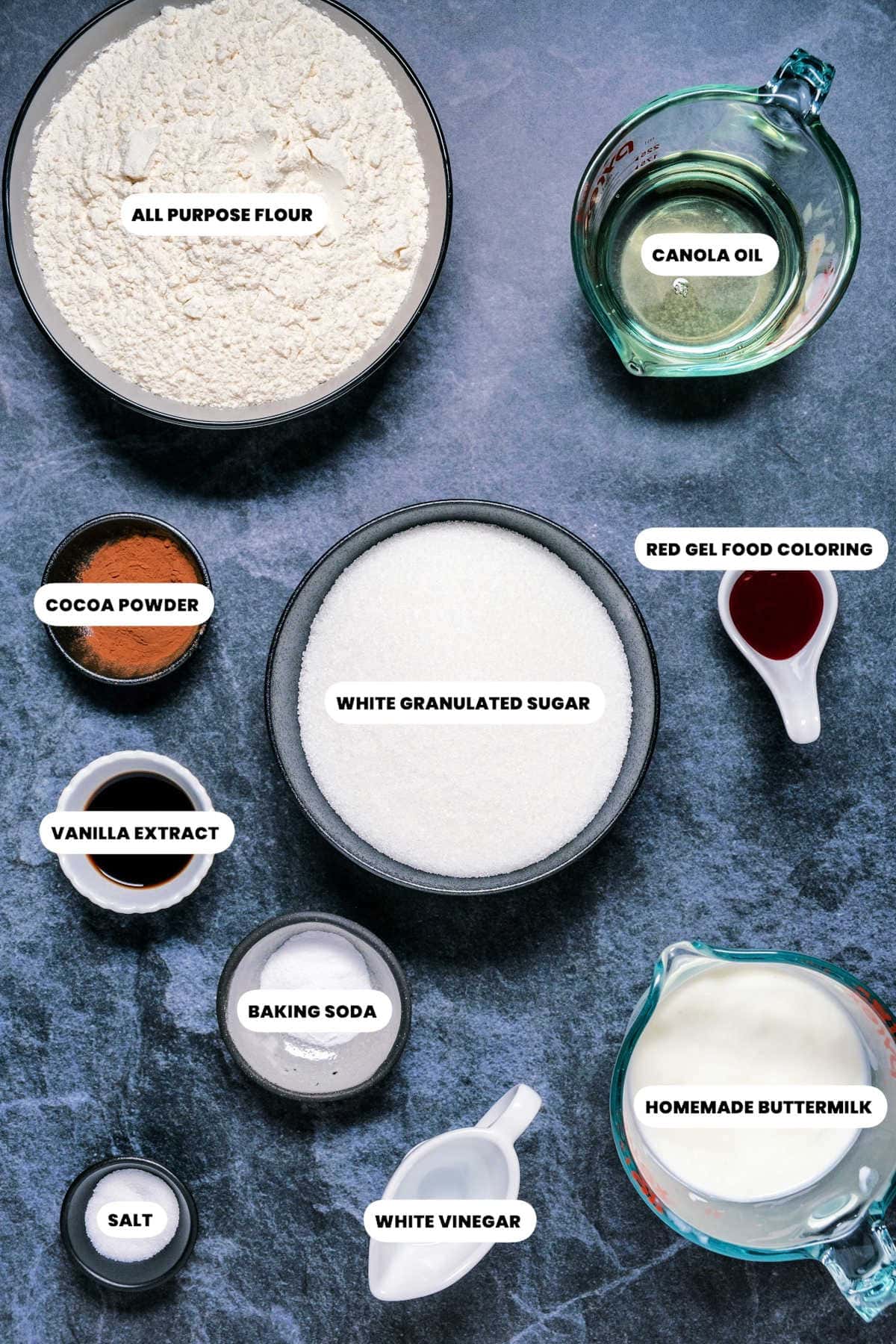 Photo of ingredients for eggless red velvet cake.