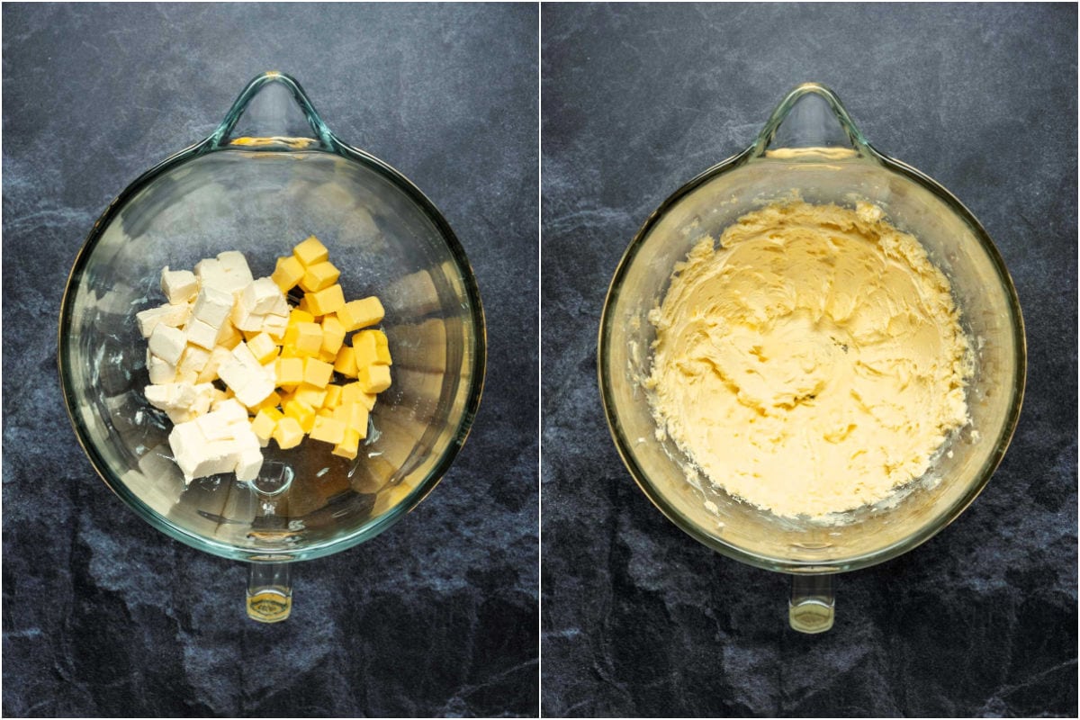 Two photo collage showing butter and cream cheese added to stand mixer and creamed together.