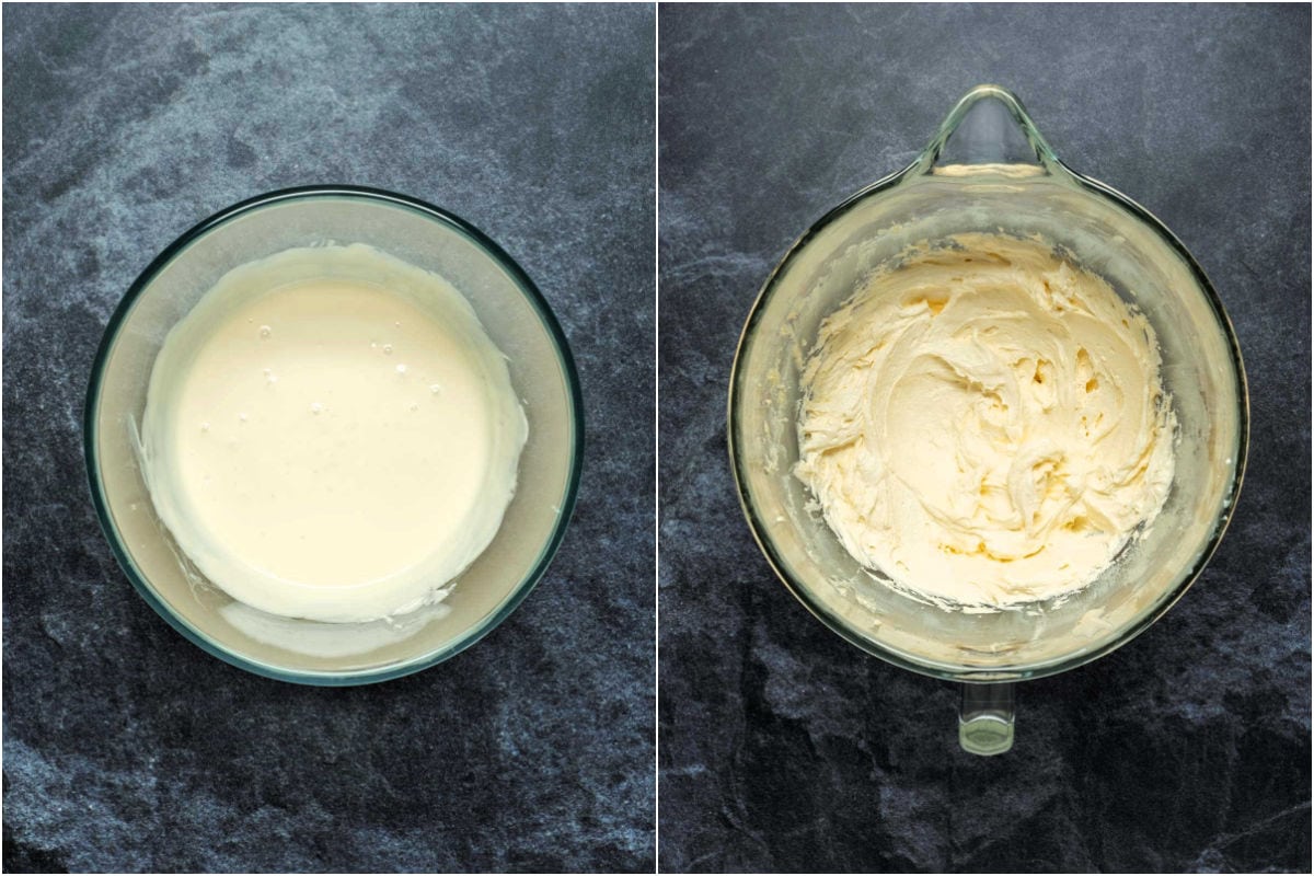 Two photo collage showing melted white chocolate and then stand mixer with butter, cream cheese and white chocolate beaten together.