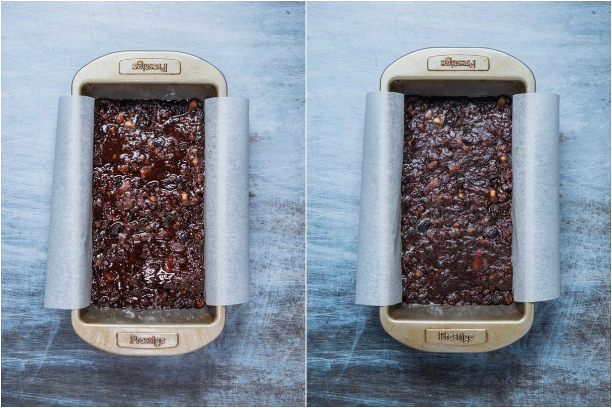 Two photo collage, the first photo showing tiffin mixture in a 9x5 loaf pan and second photo shows it after it has set in the fridge.