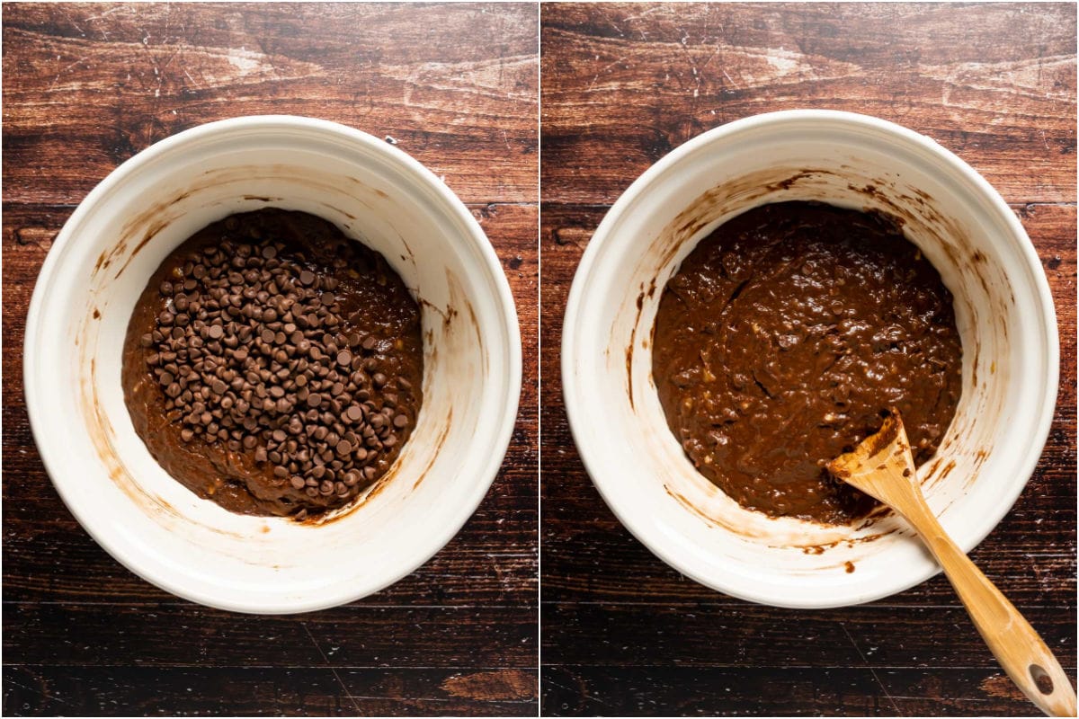 Two photo collage showing chocolate chips added to batter and folded in.