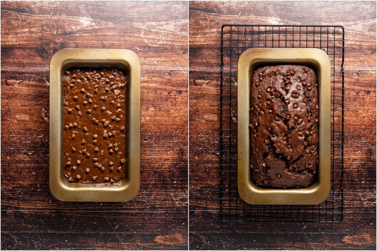 Two photo collage showing chocolate banana bread before and after baking.