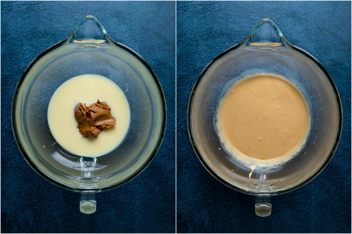 Two photo collage showing condensed milk and biscoff cookie butter in a stand mixer and mixed together.
