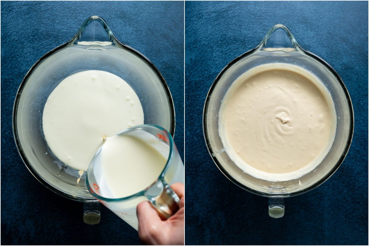 Two photo collage showing heavy cream added to stand mixer and whipped until thickened.