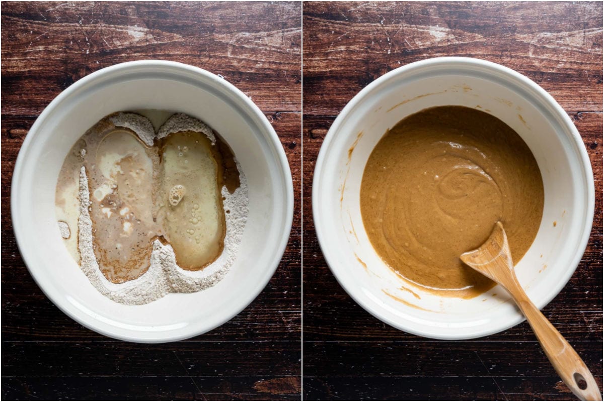 Two photo collage showing wet ingredients added to dry and mixed into a cake batter.