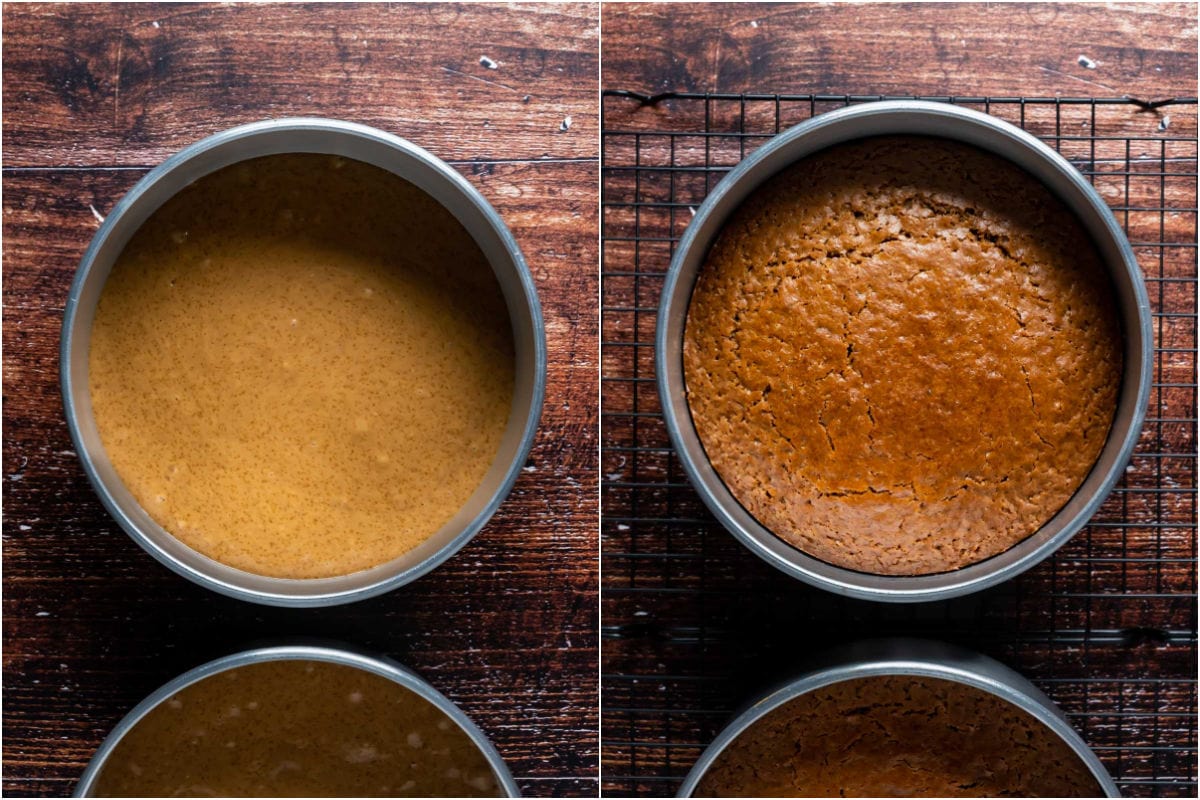 Two photo collage showing eggless coffee cake before and after baking.