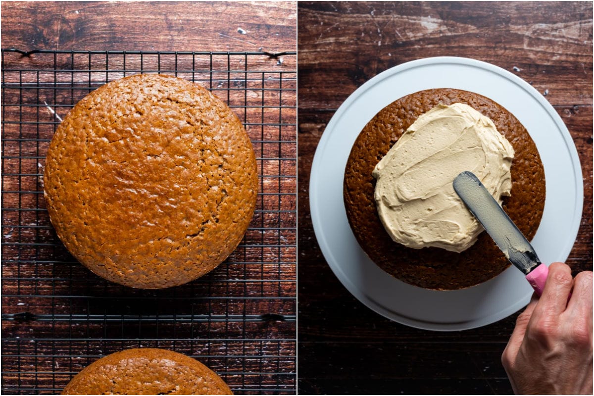 Two photo collage showing cake cooling on wire cooling rack and then being frosted.