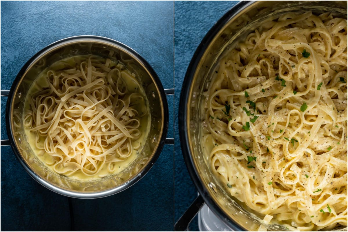 Two photo collage showing cooked pasta added to sauce and mixed in.